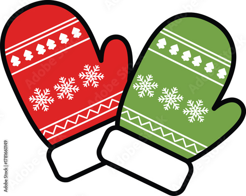 Red and green christmas mittens with snowflakes on a white background design