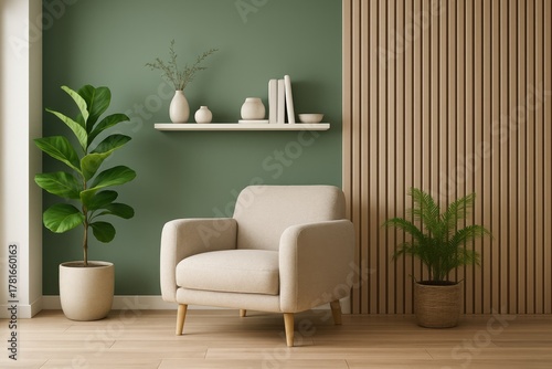 Cozy armchair with potted plants in a room with green walls and slatted wood paneling furniture interior