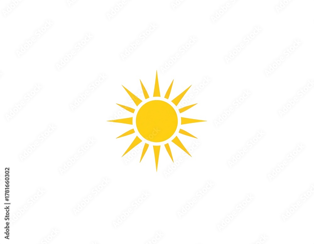 Fototapeta premium Bright yellow sun with sharp rays on a white background in a simple, flat design