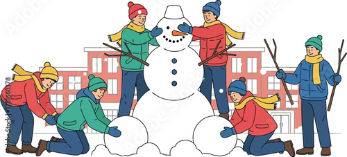 Children building a snowman together outside in winter near a school building
