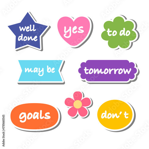 Colorful motivational stickers with positive words and shapes including star, heart, flower, and oval, expressing encouragement and planning concepts in playful style