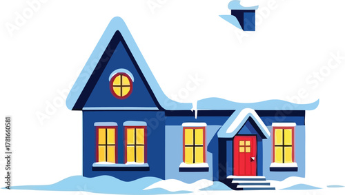 Cozy winter house with snow on the roof and smoke coming from the chimney
