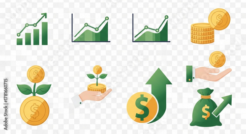 Set of business and finance icons contains icons as graph, money, coin, plant, hand, and bag
