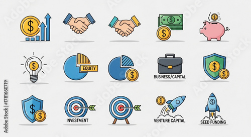 Venture capital and seed funding icons showing business investment vector illustration of money, handshake, and rocket concepts