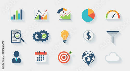 Flat design icons representing business and finance, including data analysis, marketing strategy, and investment
