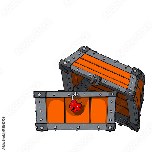 Empty Medieval Chest with Broken Padlock and Lid. Vector Illustration.