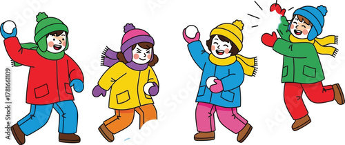 Children joyfully playing in the snow throwing snowballs on a bright winter day