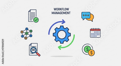 Workflow management illustration with gear, document, speech bubble, calendar, dollar, and network icons, showcasing process optimization