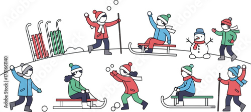 Children playing in the snow throwing snowballs and sledding on a winter day