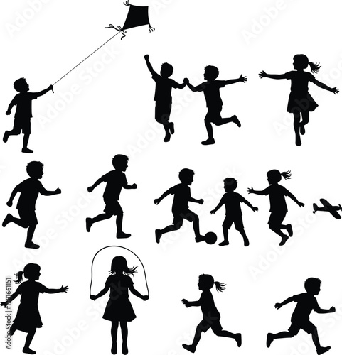 Children silhouettes, outdoor play, kids running, jumping, flying kite, kicking ball, crawling, skipping rope, black figures, playful activity, childhood movement, minimalist design