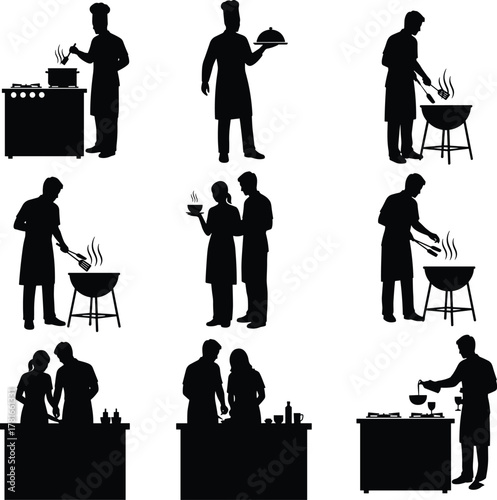 Cooking silhouette set, kitchen activity icons, chef poses, food preparation scenes, grilling action, serving dish, culinary teamwork, black vector illustration, steam effect