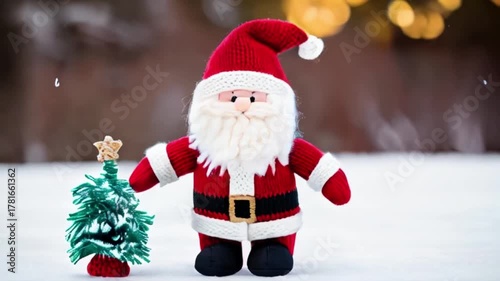 A plush Santa Claus figure wearing a red and white knitted hat and outfit, standing next to a small knitted Christmas tree on a snowy background created with generative ai	
