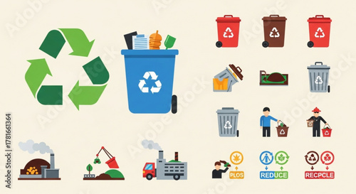 Collection of recycling and waste management icons, illustrating reduce, reuse, and recycle principles for environmental sustainability