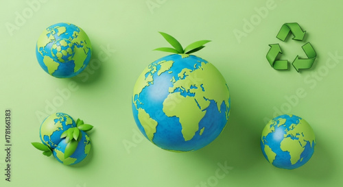 Ecofriendly concept with globe and recycle symbol on green background, promoting sustainability and environmental awareness