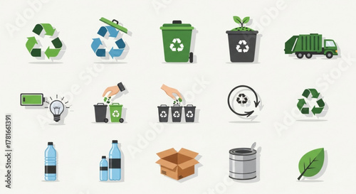 Set of recycle and waste management icons, representing environmental conservation and sustainable practices for a greener future