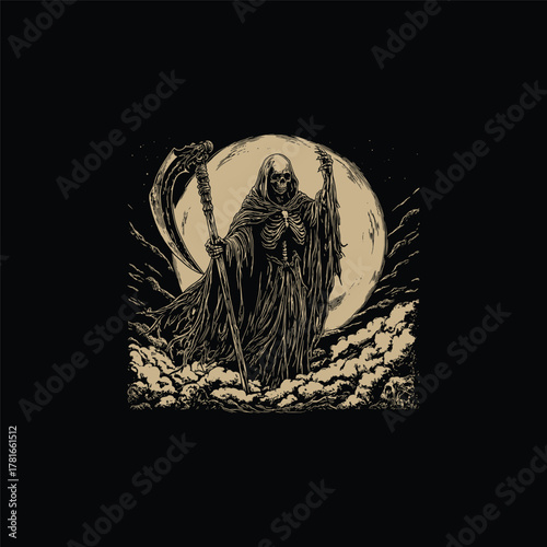 An imposing Grim Reaper illustration, standing before a large moon and rising from the clouds