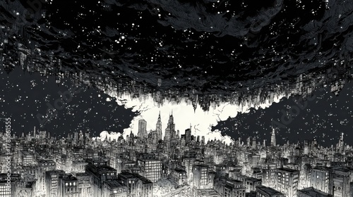 Dreamlike anime-style city suspended upside down in the night sky, with luminous outlines fading into darkness, hand-inked in a vintage comic book style
