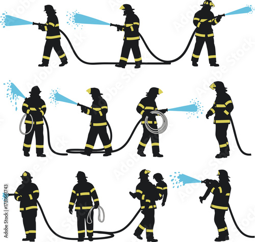 Firefighter action poses, hose spraying, rescue scenes, emergency response, child rescue, fire gear, black and yellow suit, vector illustration, safety icons, bravery