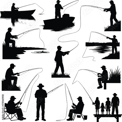 Fishing silhouette icons, people fishing, dock fishing, boat fishing, family fishing, black vector set, outdoor activity, nature sport, angling scenes, leisure time