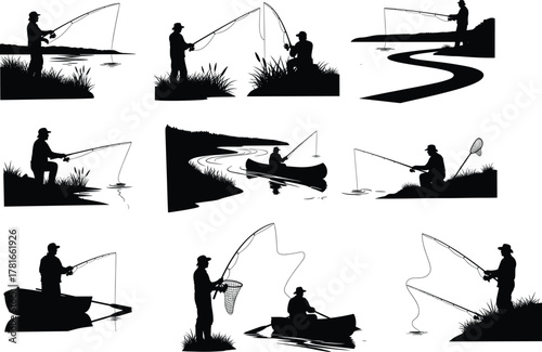 Fishing silhouette icons, people fishing, boat fishing, shore casting, net fishing, recreational activity, black vector set, outdoor lifestyle, nature sport, angling scenes