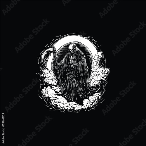 Detailed black and white illustration of the Grim Reaper, the personification of Death, holding a scythe and surrounded by swirling smoke