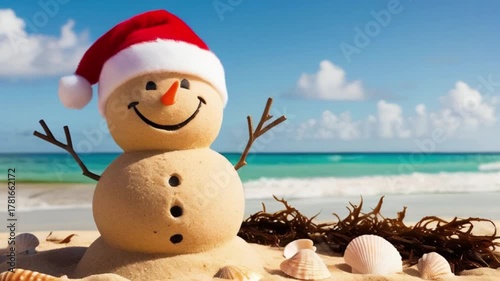 A cheerful, sandy snowman sporting a vibrant red Santa hat with a white pom-pom on top, standing tall on a sun-kissed sea beach with gentle waves rolling in the background, icreated with generative ai