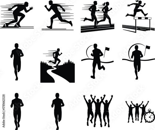 Running silhouettes, athletic motion, sprint, jog, hurdle jump, finish line, stopwatch, race icons, black and white illustration, sports celebration, training, victory