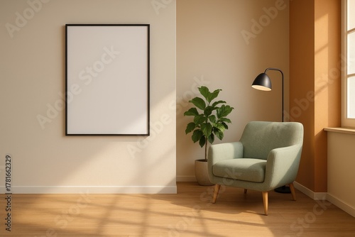 Minimalist living room with armchair and blank picture frame on wall interior empty