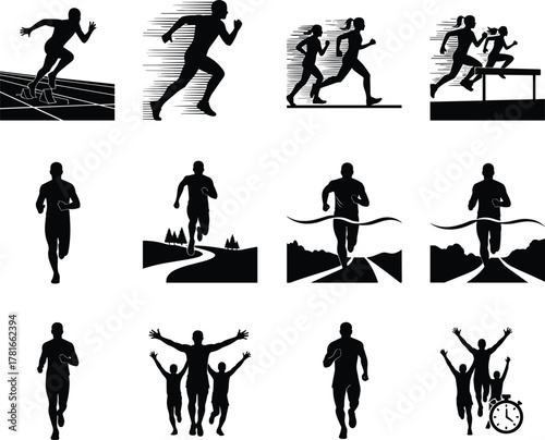 Running silhouettes, athletic poses, race icons, sprint, jog, hurdle jump, finish line, stopwatch, black and white illustration, sports motion, victory celebration