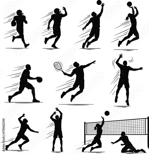 Sports silhouette set, athletic poses, basketball action, volleyball motion, tennis swing, football run, black vector icons, dynamic movement, team sports illustration
