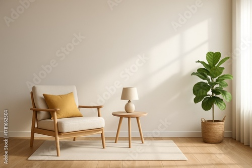 Minimalist Living Room with Beige Armchair, Yellow Pillow, and Table Lamp interior home