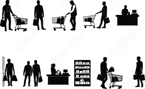 Shopping silhouette icons, retail experience, customer interaction, checkout counter, shopping cart, people buying goods, black vector set, consumer behavior, store activity