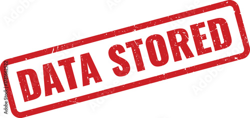 Red distressed rubber stamp impression showing DATA STORED for secure information archiving