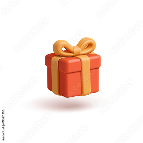 3D icon, red gift box with yellow ribbon and bow on white background. For concerts, celebrations, greetings. Vector illustration.