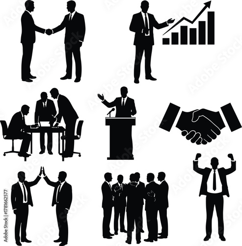 Business silhouettes, teamwork icons, handshake deal, leadership presentation, corporate success, office meeting, growth chart, victory pose, networking, collaboration, achievement