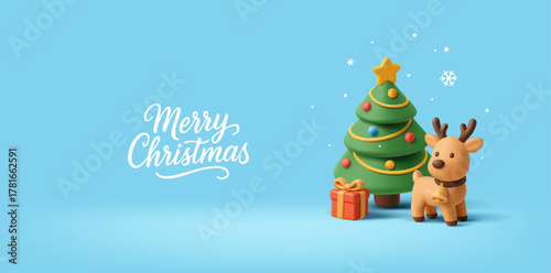 Merry Christmas banner. 3D Christmas tree, deer and gift on blue winter background. Magical winter scene for greeting and gift concepts. Vector illustration.