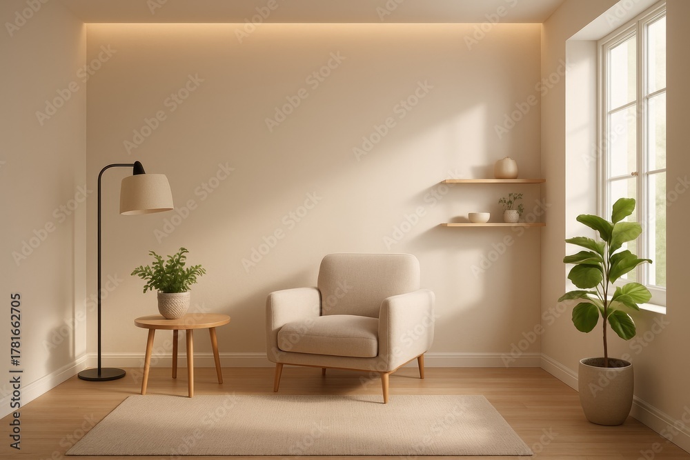 Fototapeta premium Minimalist Room with Beige Armchair, Floor Lamp, and Potted Plant by Window interior