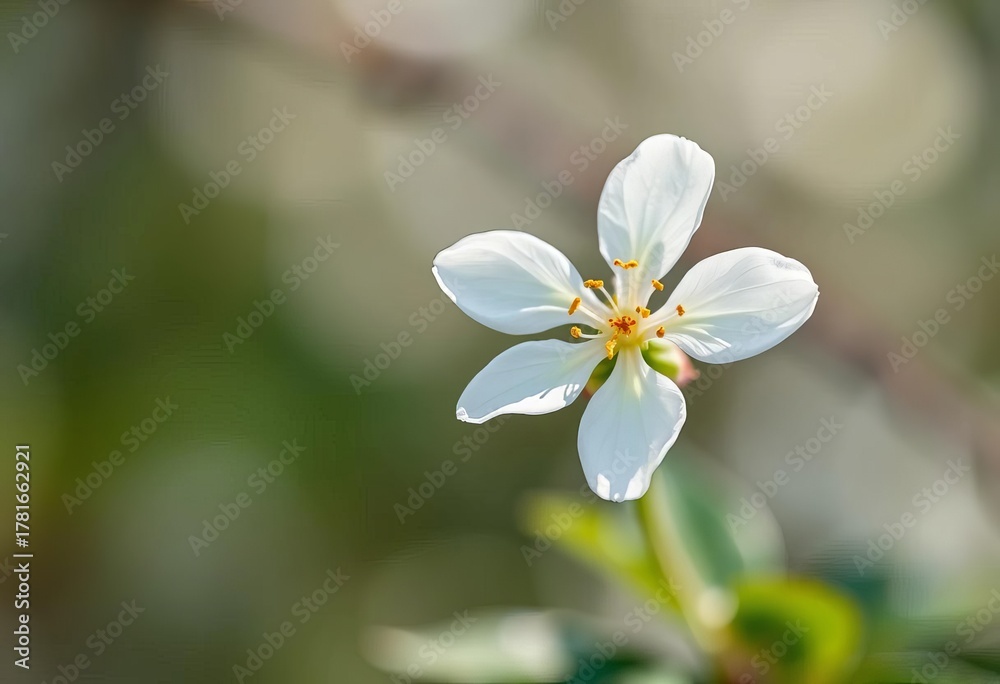 Fototapeta premium A single pristine white blossom, softly blurred background highlights its delicate petals, gentle, outdoor