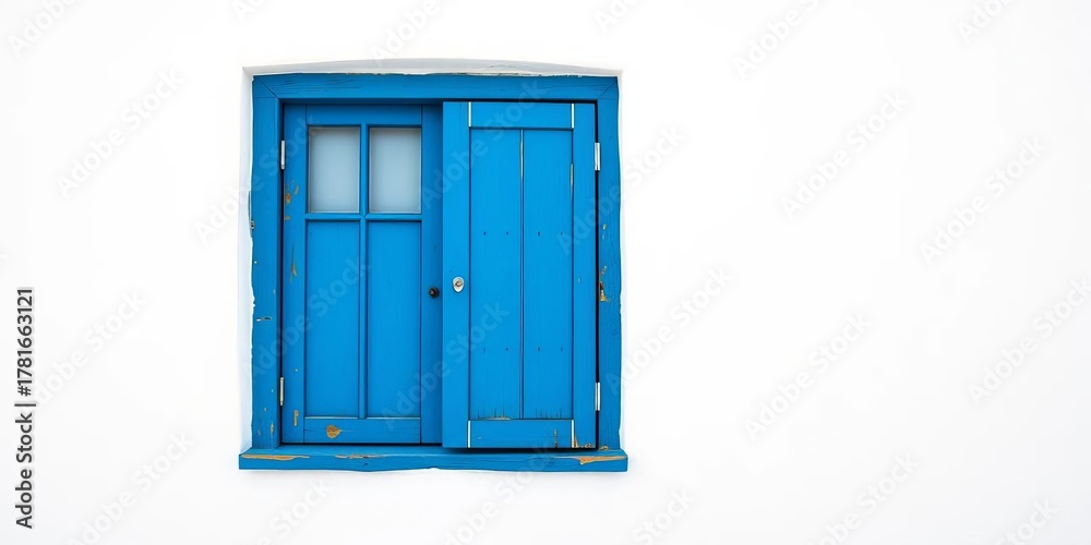 Obraz premium A vibrant blue wooden window contrasts sharply against a pristine white wall, texture, aesthetic