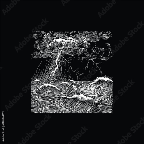 Dramatic black and white illustration of a violent storm raging over the turbulent ocean, featuring fierce crashing waves, dark heavy clouds, and intense lightning flashes