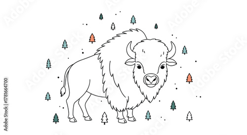 A cute cartoon white bison standing in a snowy landscape surrounded by small evergreen trees, illustration.
