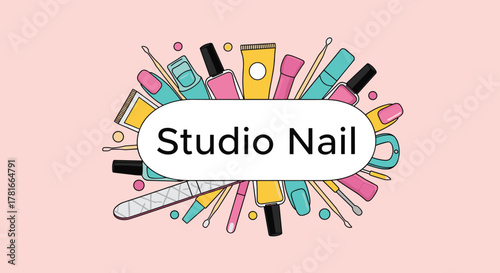 A collection of colorful nail care products and tools surrounding 'Studio Nail' text on a light pink background, suitable for beauty salon branding.