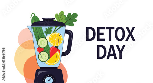 Blender filled with fresh fruits and vegetables, including cucumber, lemon, and strawberries, with 'DETOX DAY' text, symbolizing a healthy lifestyle.
