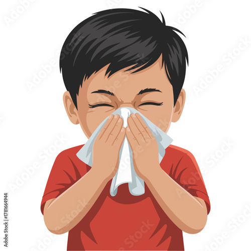 A Child with the flu blowing his nose