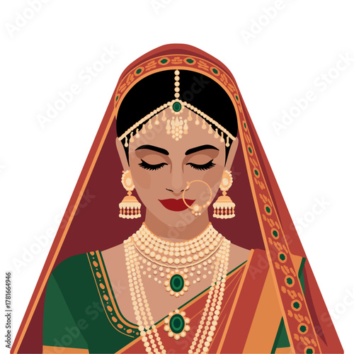 A stunning depiction of a bride adorned in traditional attire, exuding serenity and grace. Her eyes are closed in peaceful contemplation, and she is adorned with exquisite jewelry