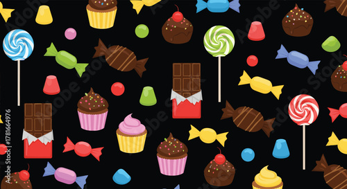 Colorful and inviting seamless pattern of various candies, chocolates, and cupcakes, offering a sweet and playful background.