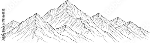 Detailed mountain range illustration with black lines on a white background