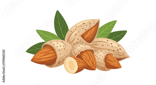 Fresh almonds, some shelled, some partially cracked open in their beige hulls, with green leaves, on a white background, highlighting their natural goodness.