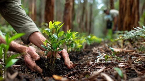 Medium shot of hands carefully planting young shrubs beneath towering trees showcasing meticulous understory restoration efforts in a forest environment.