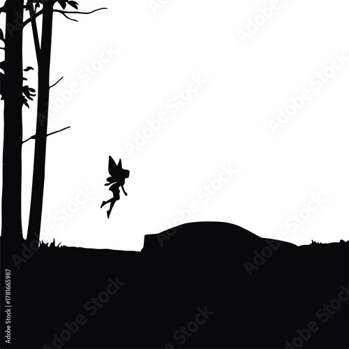 Vector silhouette of a fairy flying over a hill silhouette illustration